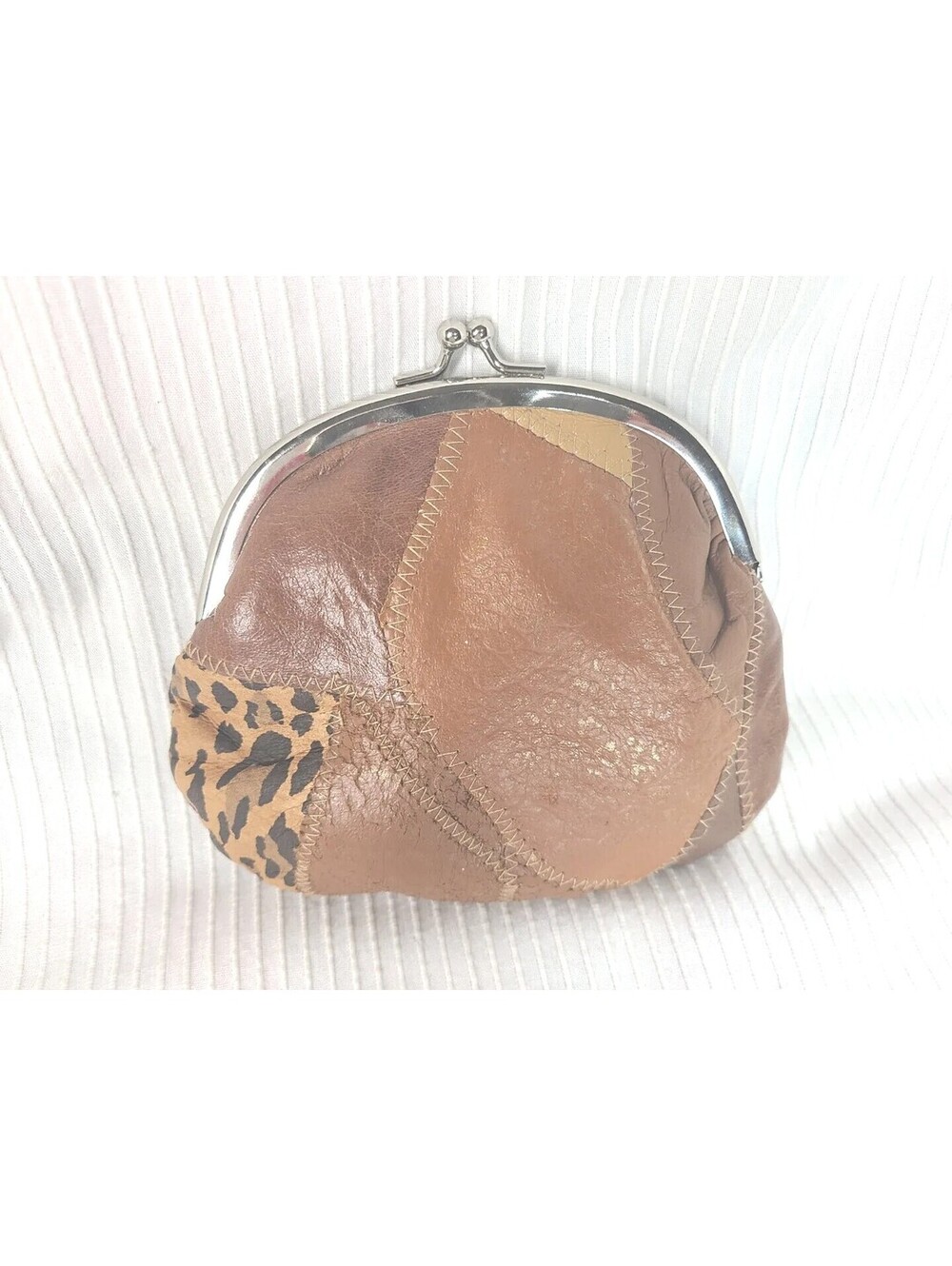 Vtg 80s Leather Patchwork Purse Kisslock Coin Wallet Suede Animal Print 6x7"